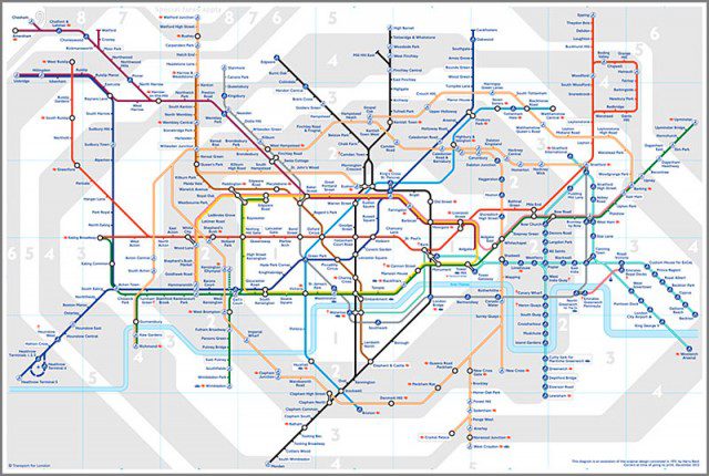 The current London Tube map, based on Harry Beck's 1931 angular original.