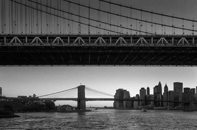 The Brooklyn Bridge, seen through the Manhattan Bridge, August 2016